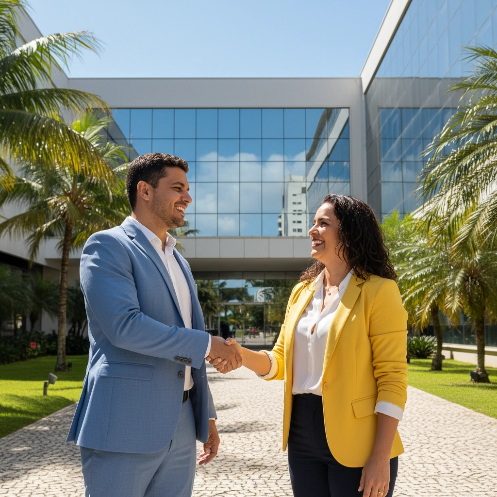 Dois corretores cumprimentando-se em frente a um empreendimento